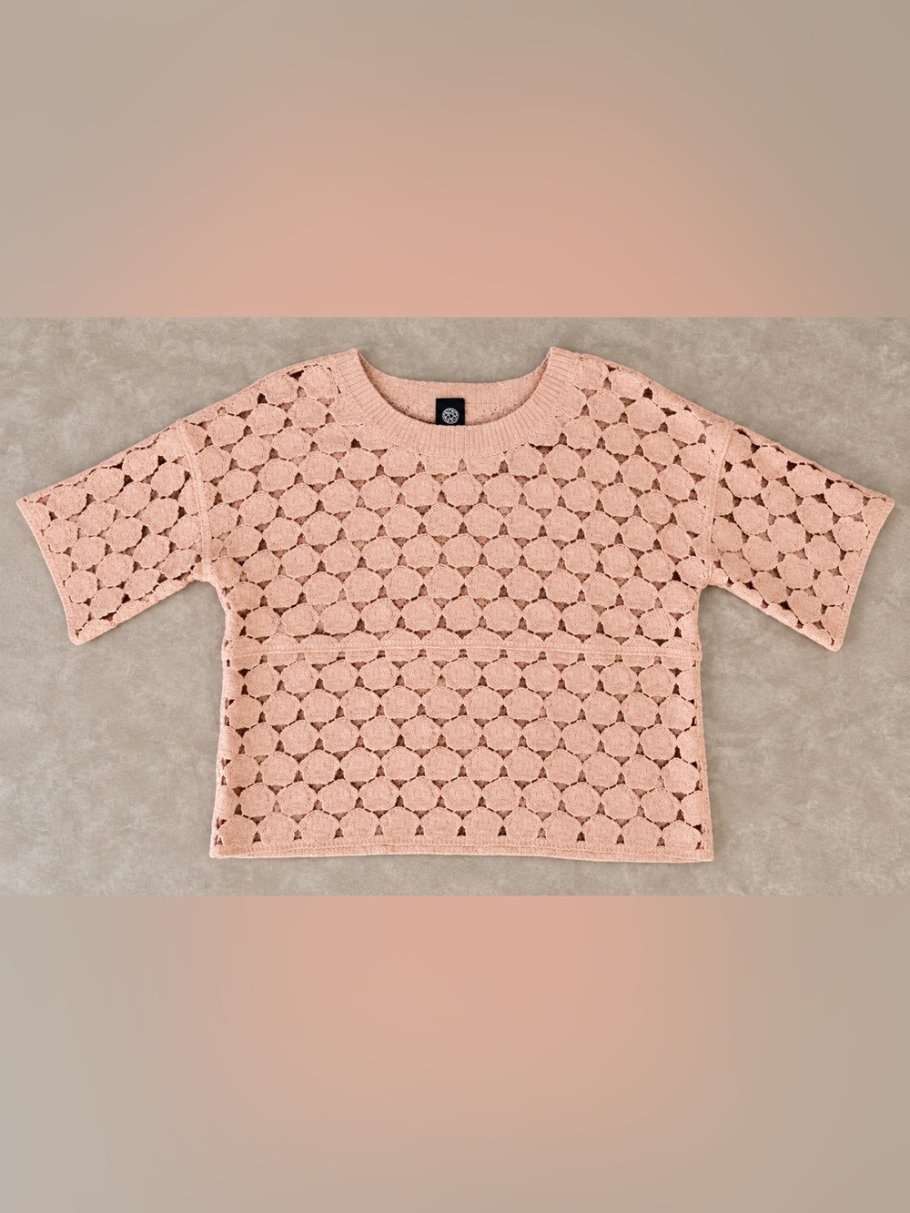 Bobeau M Pink Floral Crochet Open Knit Top Short Sleeve Cotton Boho